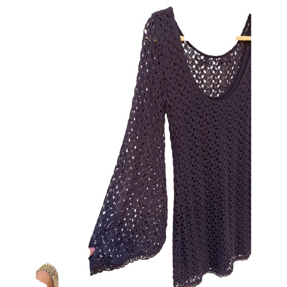 Free People Dress Medium Navy Crochet Lace Lined Boho Whimsigoth Bell Sleeve - Picture 7 of 16